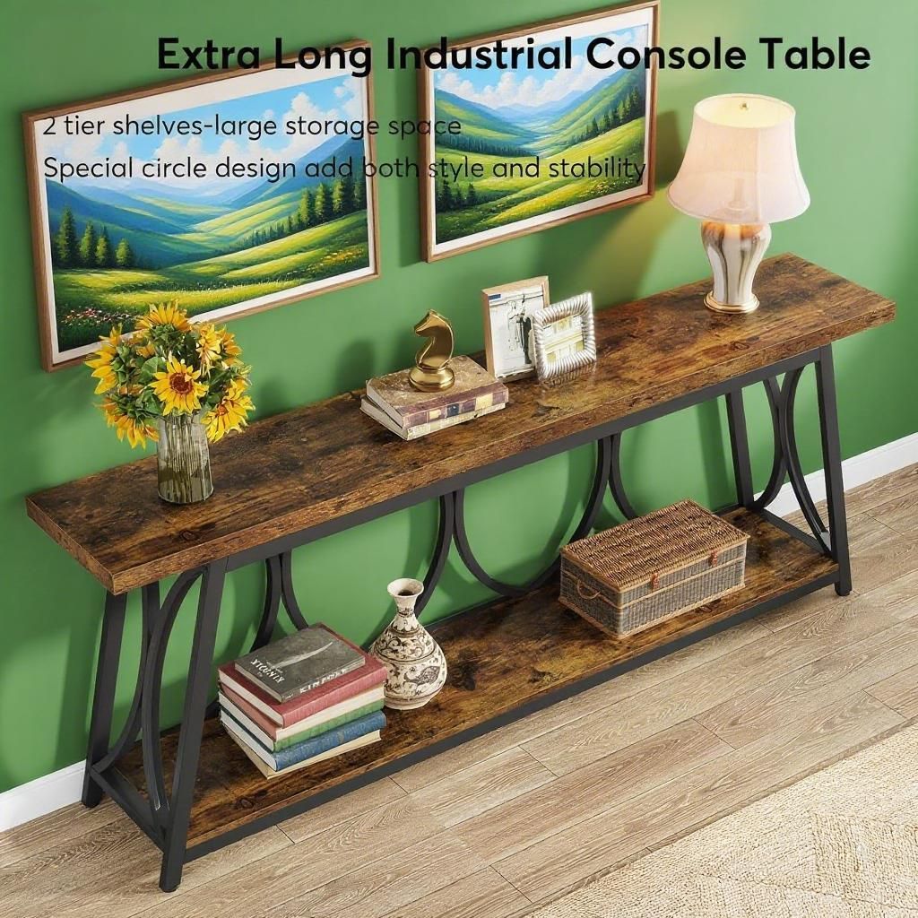 Extra Long Console Table, Industrial Sofa Table Behind Couch With 2 Tier Storage Shelf