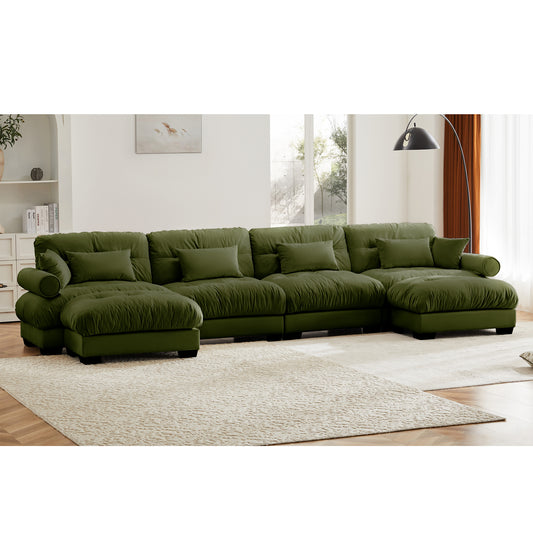 U Shaped Sectional Sofa Cloud Couch With Movable Ottomans,Convertible Deep 4 Seater Modern Velvet Comfy Upholstered Corner Couch With Blostered Armrests, Waist Pillow And Throw Pillows,Olive Green