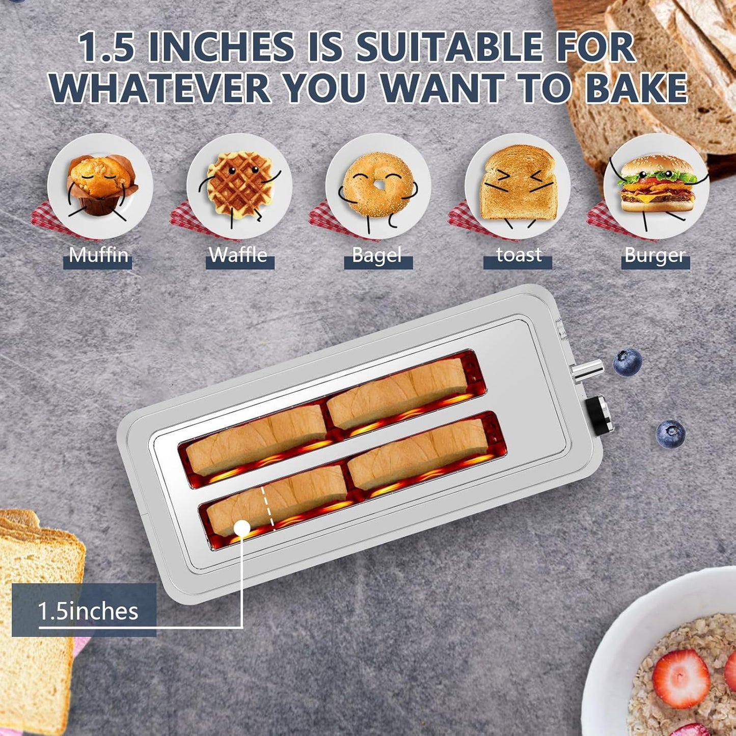 4-Slice Toaster, Extra Wide Long Slot Toaster, 6 Settings, Bagel, Defrost, Reheat, Removable Crumb Tray, Stainless Steel Housing, Silver, Amazon Resale Prohibited
