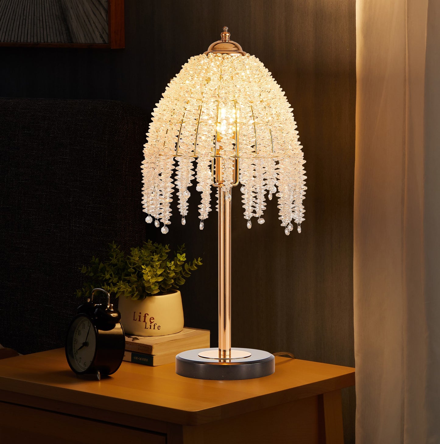 19 H Elegant Crystal Table Lamp   Vintage Waterfall Design With Crystal Bead String Shades And Marble Textured Base For Living Room, Bedroom, Or Office  Bulb Not Included