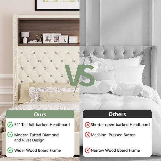 Queen Size Velvet Tufted Soft Bed Frame With USB Port And Night Light,52'' High Headboard With Rivet Decoration, Wing-back Platform Bed With Headboard Shelf, Beige