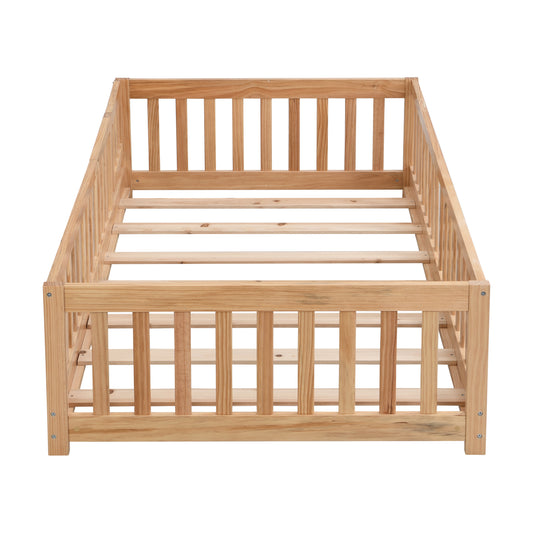 Full Size Floor Bed With Door,Solid Wood Platform Bed Frame With Fence,Suitable For Children,Pine Wood,Natural