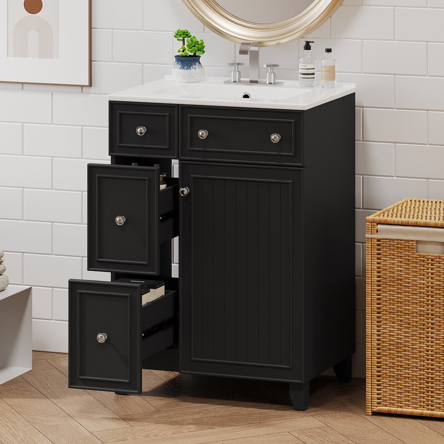 24-Inch Bathroom Vanity Cabinet With Ceramic Sink, 2 Drawers, 1 Door