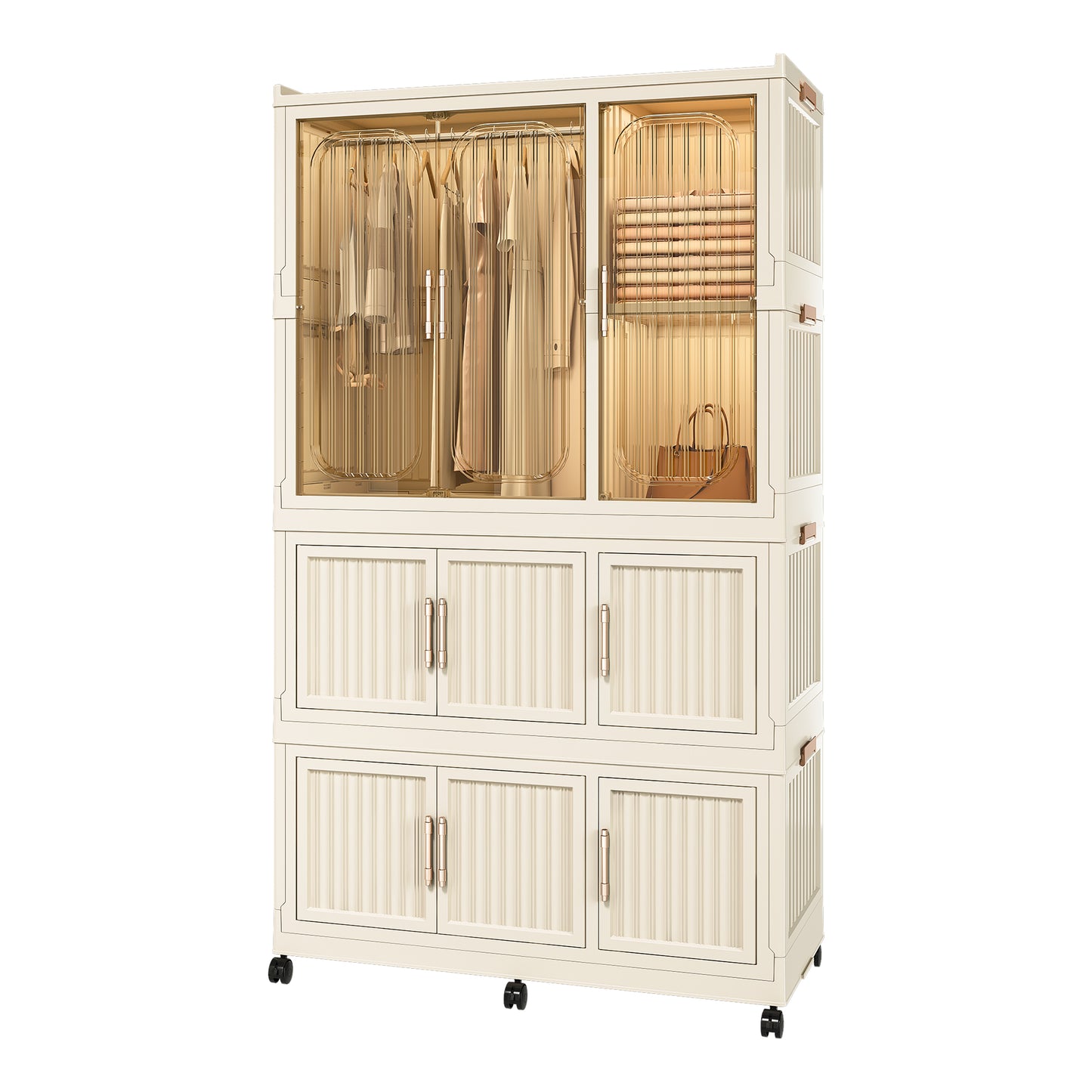 Portable Wardrobe Closet Storage Organizer For Clothes,Clothes Dresser,9 Magnetic Doors-9 Cubes & 1 Hanging Rod,6 Pcs Hangers , Baby Wardrobe Storage Cabinet,White