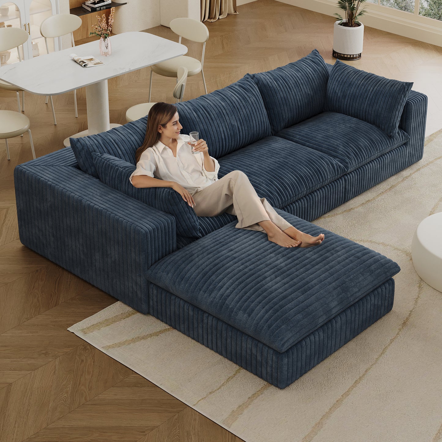 118.2 Cloud Sofa,Corduroy Fabric,Deep Seat Couches,Double-layer Design,Removable Cushion,No Assembly, DIY Combination For Living Room, Bedroom,Conference Room ,Apartment,Blue