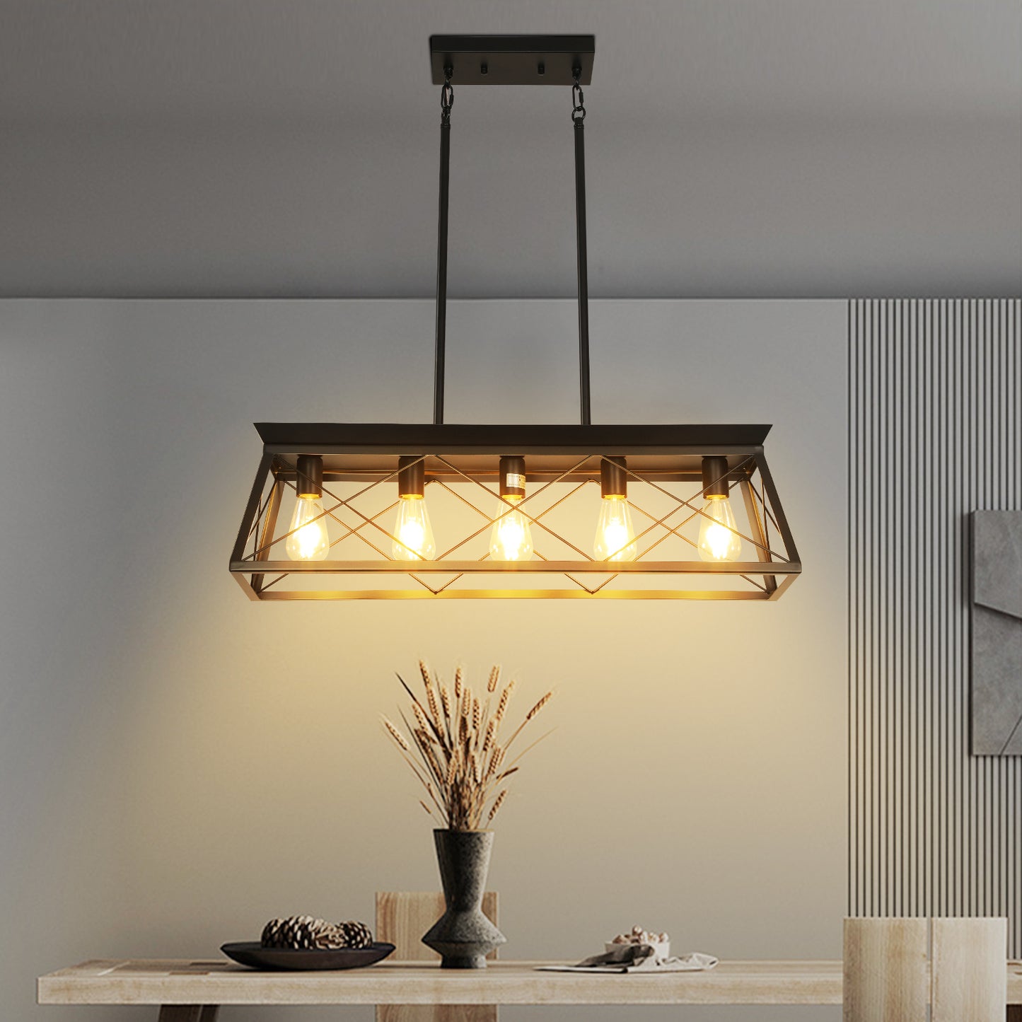 32-inch Black Industrial 5-Light Pendant Chandelier, Modern Metal Cage Design, Adjustable Hanging Light For Dining Room, Kitchen, Living Room  Bulb Not Included