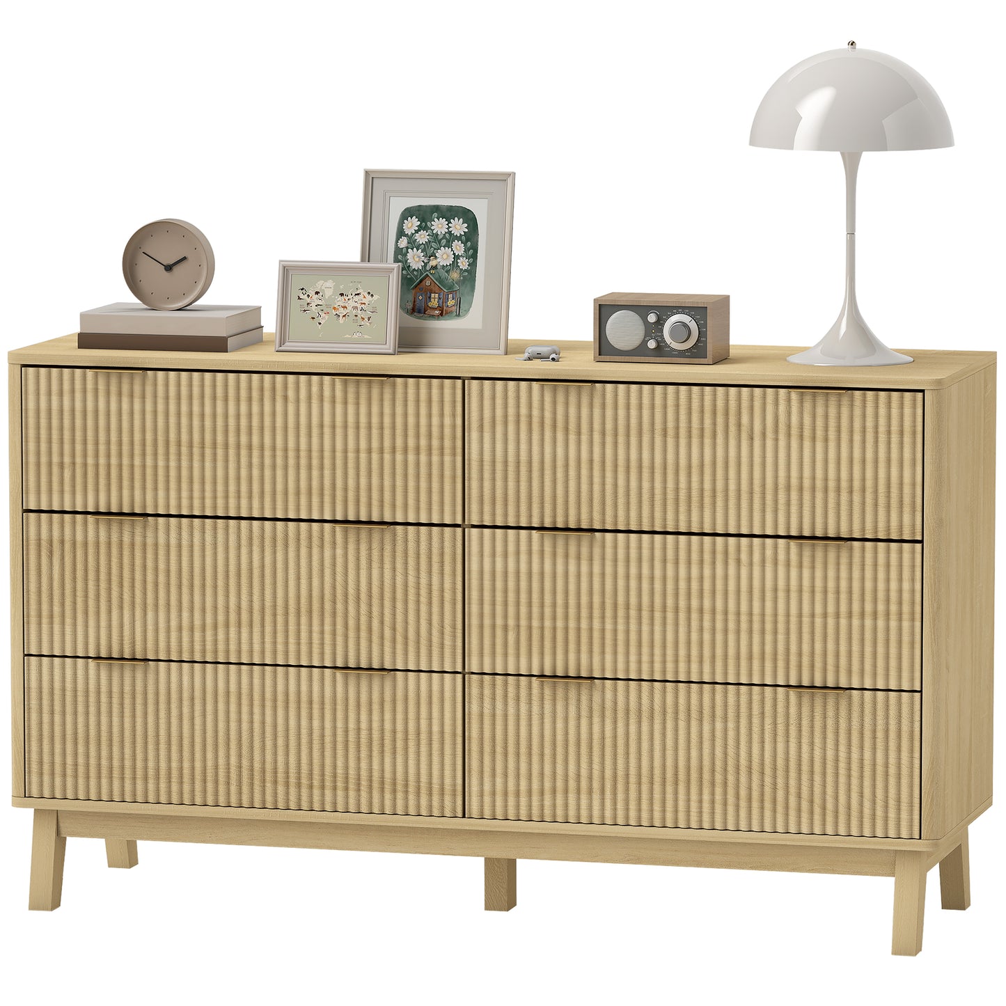 6 Drawer Double Dresser For Bedroom, Fluted Chest Of Drawers With Gold Finger Pulls And 5 Wood Legs, Natural Wood