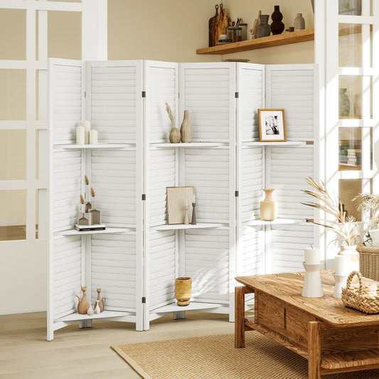6 Panel 67" Tall Wood Privacy Screen Room Divider With 3 Shelves And Folding Storage For Bedroom, White