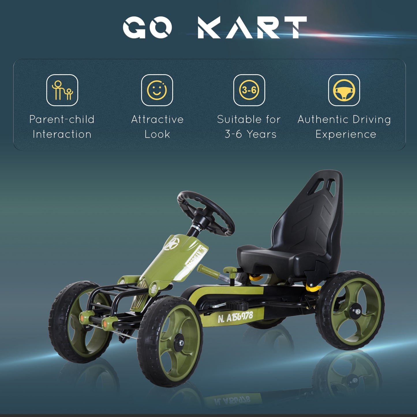 Pedal Go Kart For Kids With Adjustable Seat For 3-6 Year Old Boys And Girls, Green