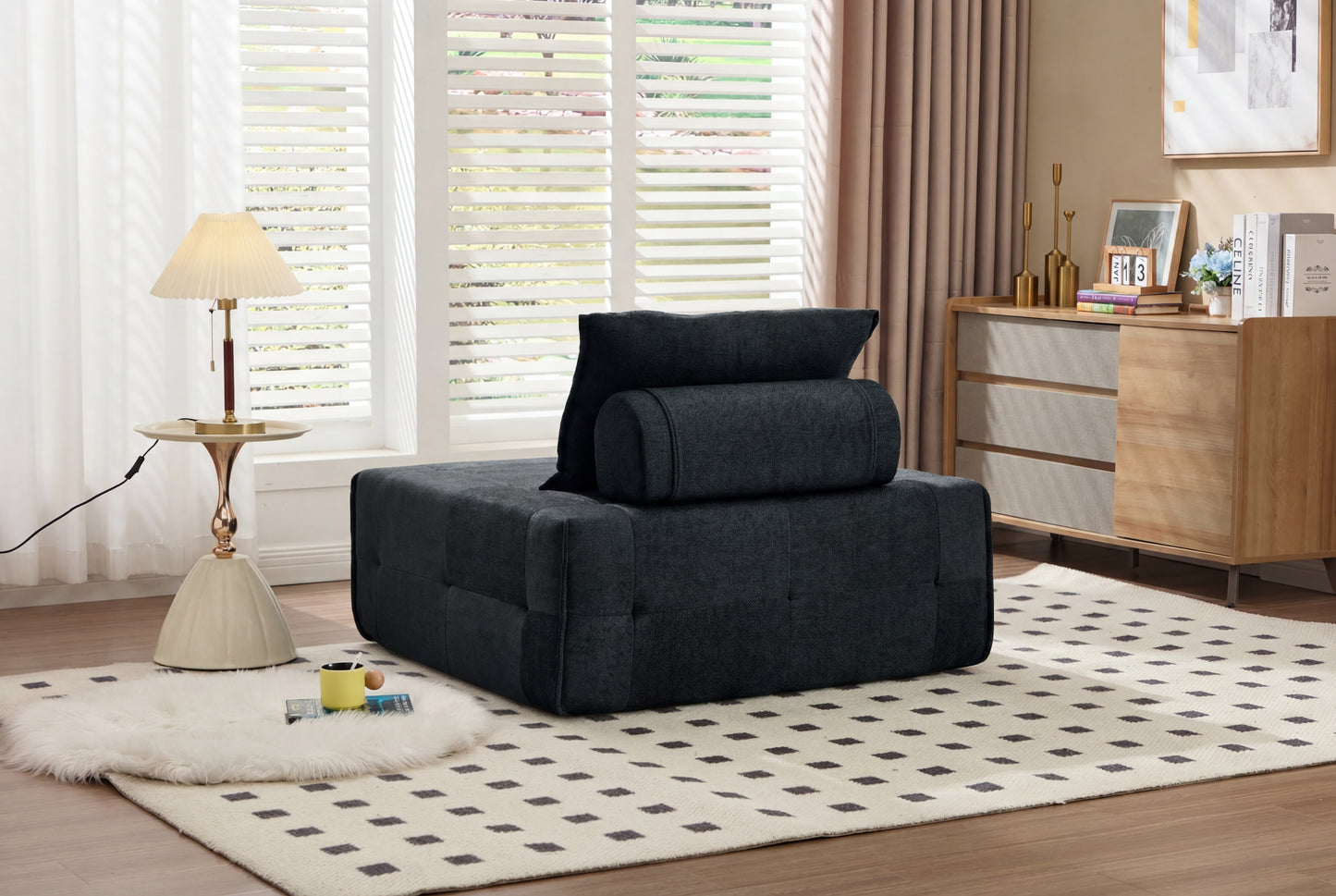 Deep Seat Modular Sectional Sofa With Adjustable Backrest -39.37  Chenille Compressed Couch For Living Room, Bedroom, Lounge  1 Piece  Black.
