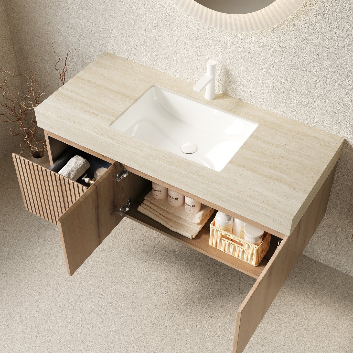 MURI 48 Bathroom Vanity&Sink, Floating Plywood Storage Cabinet With Drawer&Doors, Roma Travertine Sintered Stone Top&Ceramic Basin With 1 Pre-drilled Faucet Hole, Pre-assembled, White Oak Woodgrain