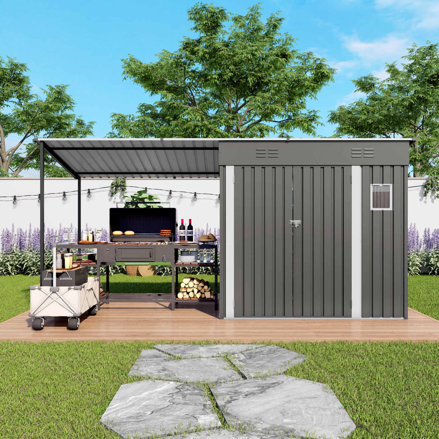 12x4ft Metal Lean To Shed With Open-Sided Pergola , 4'x6' Outdoor Storage Shed & 6'x4' Attached Hardtop Gazebo Combo, 2-in-1 Sheds & Outdoor Storage Tool Shed For Patio, Backyard,Garden