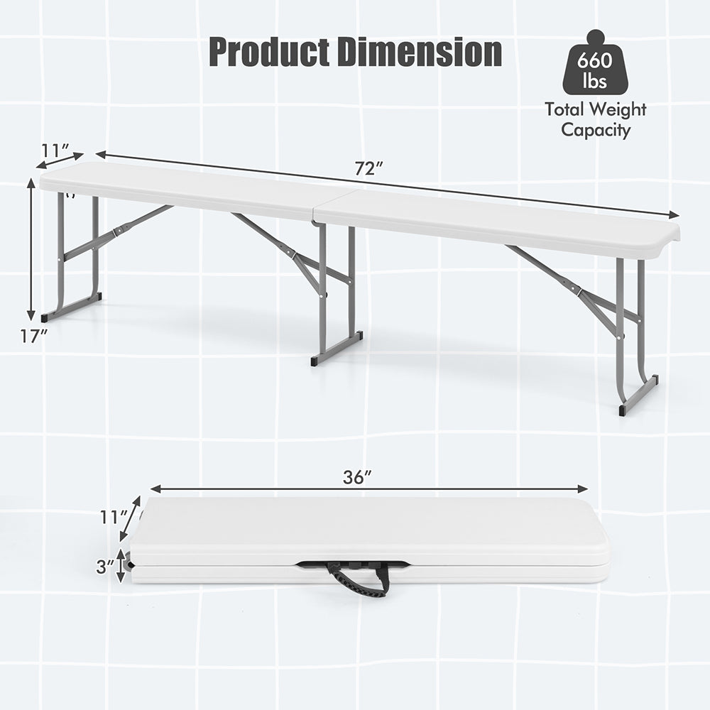 6 Feet Plastic Folding Bench Picnic Camping Dining Seat With Carrying Handle Accommodate 3 People Non-slip Foot
