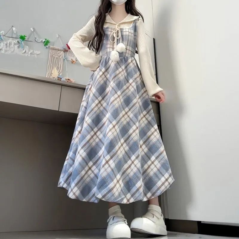 Faux Two-piece Plaid Design Long Sleeve Dress For Women