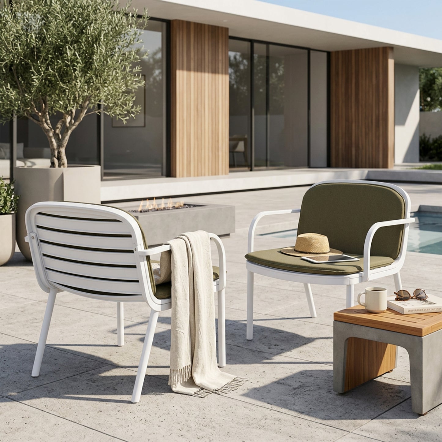 Luna Outdoor PP Club Chair, White Frame With Green Cushion, Set Of 2