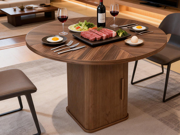 47in Dining Table Exquisite Round Table With 2 Storage Shelf Wood Slide Door And Wooden Base For Dining Room Home Kitchen Canteen