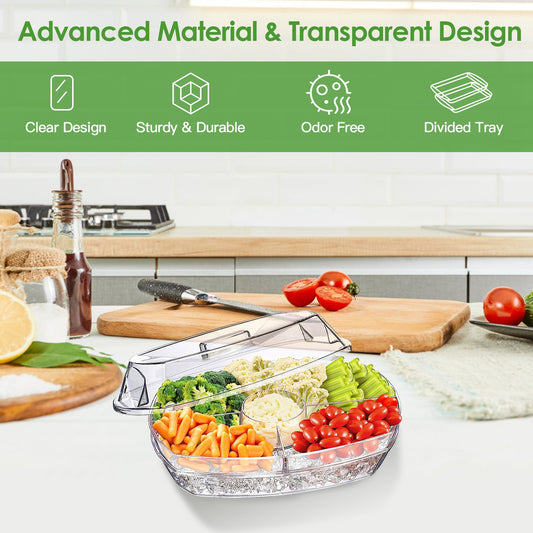 Fruit Ice Serving Tray Chilled Veggie Tray Shrimp Cocktail Serving Dish Appetizer Party Serving Platter Cold Food Buffet Server With Lid And 4 Compartments 3 Tongs 10 Sporks