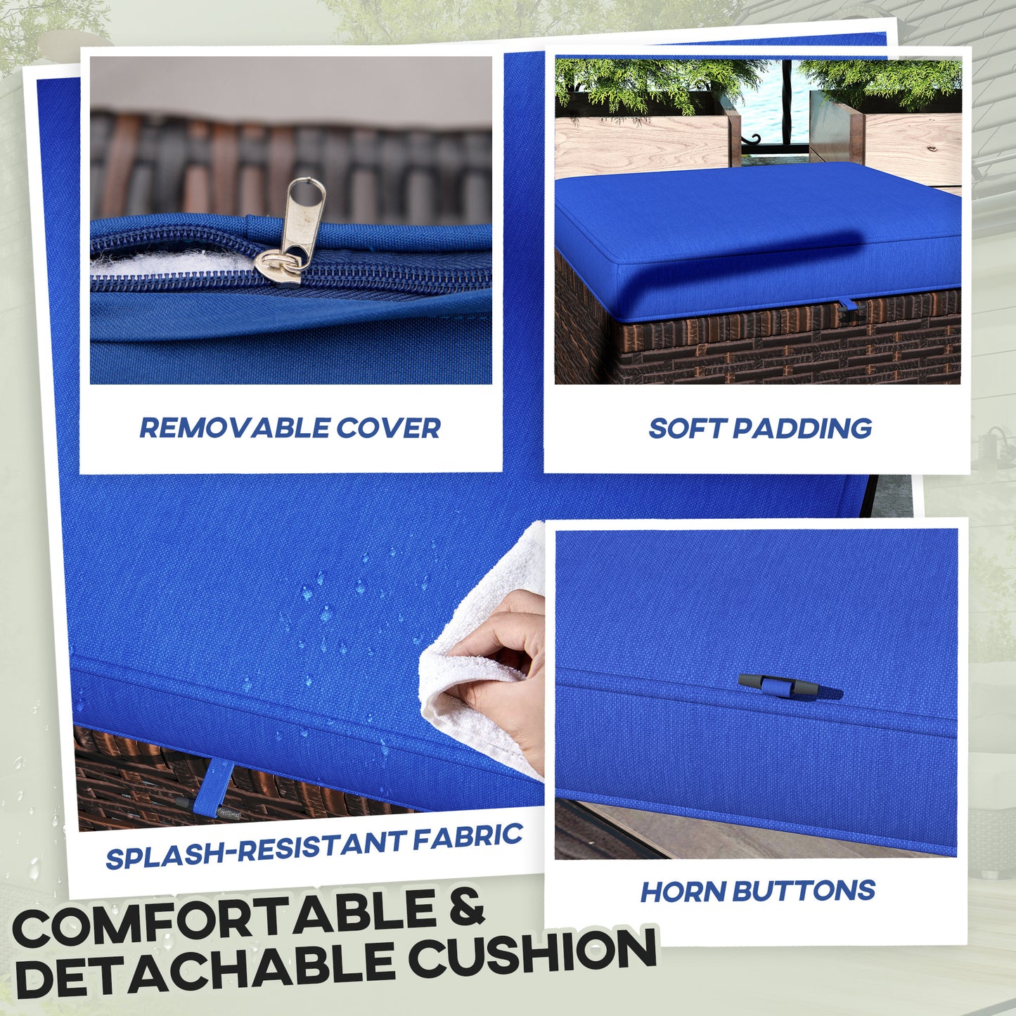 2 Piece Wicker Outdoor Ottomans With Cushions, Rattan Ottoman Footrest And Side Table For Patio, Yard, Poolside, Dark Blue