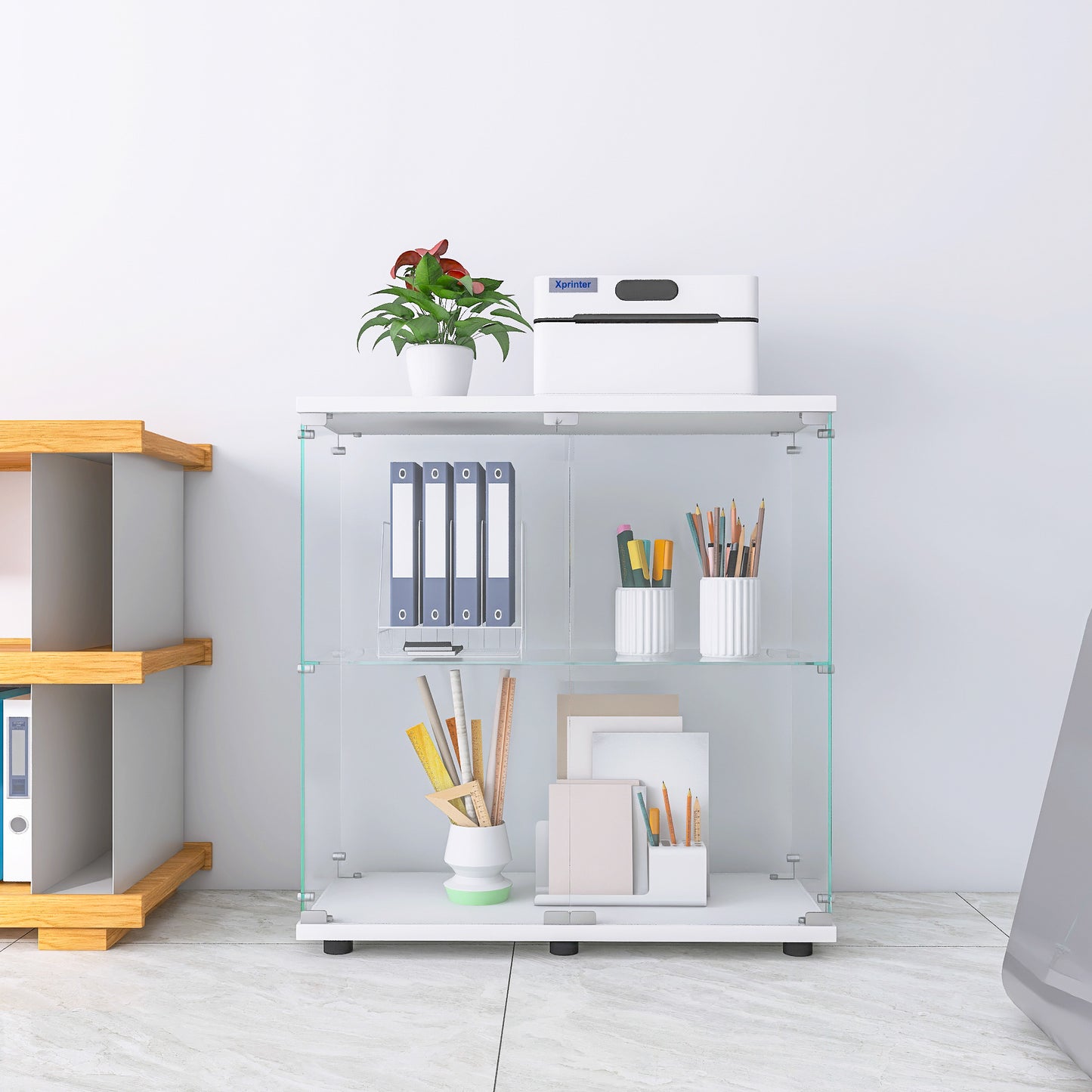 Two-door Glass Display Cabinet 2 Shelves With Door, Floor Standing Curio Bookshelf For Living Room Bedroom Office, 33.35x31.69 X14.37 ,White