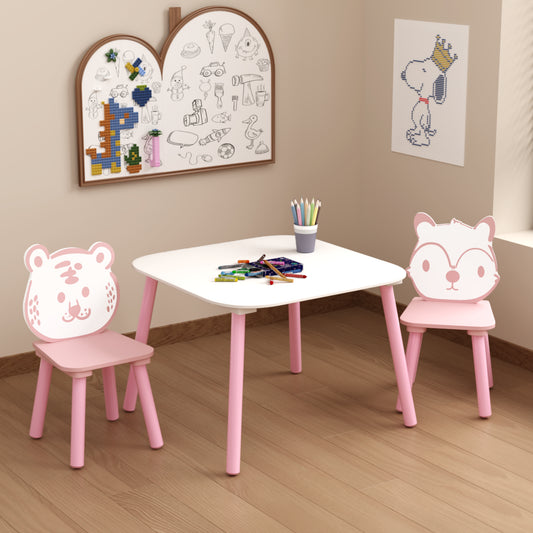 Kids Table And Chair Set, 3-Piece Wooden Toddler Desk With Animal Backrest, Activity Table For Drawing, Learning,Playroom Or Nursery Pink&White