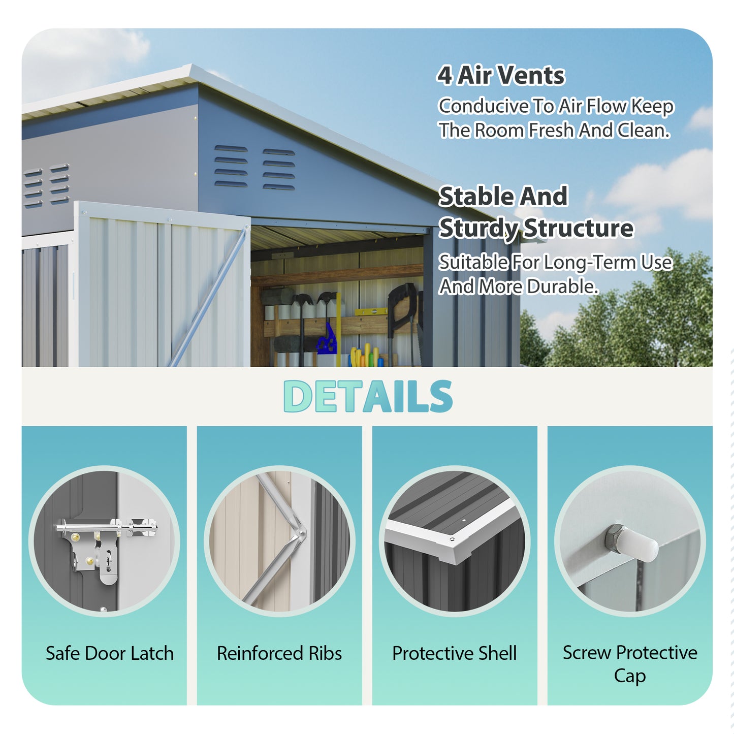 4x8 Slope-Roof Reinforced Storage Shed With Weatherproof Sloping Roof & 4 Air Vents, Heavy-Duty Sturdy Metal Frame, Left Right Optional Door, Outdoor Tool Shed Warehouse For Garden Storage Pet House