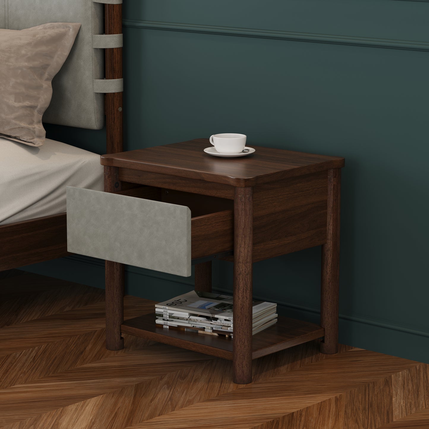 Wood Nightstand,Modern Nightstands With Drawer, Farmhouse Bedside Table For Bedroom Living Room,MP2 Set Of 2   Walnut&Light Grey Color