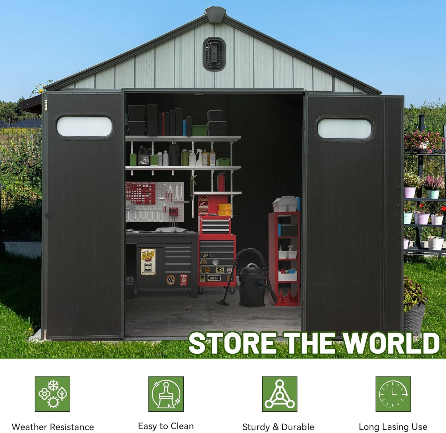 8X12FT Outdoor Resin Storage Shed, Waterproof Plastic Garden Shed With Lockable Door, Windows & Vents, Outside Tool Storage Shed For Patio Furniture, Lawn Mower, Bike