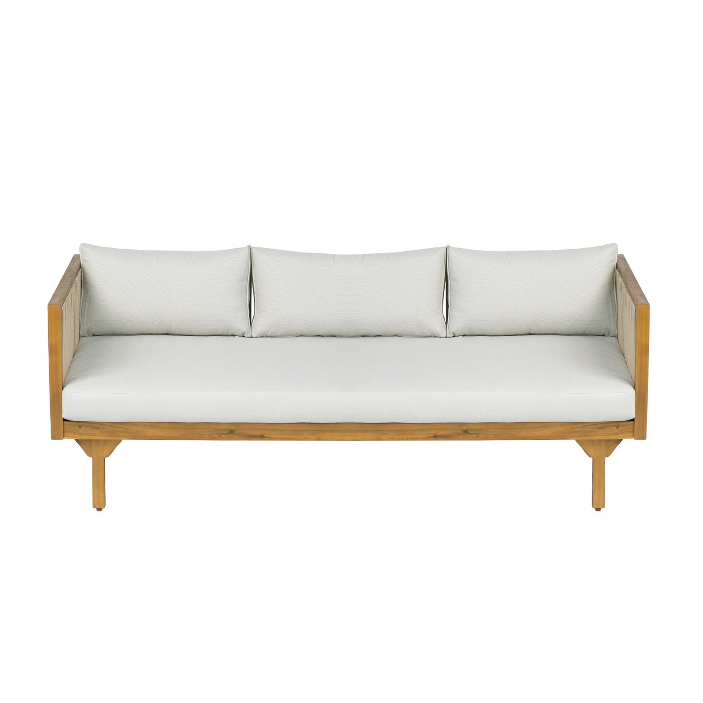 Outdoor Patio Sofa With Light Gray Cushion & Light Brown Rope, Acacia Wood Teak Finish, Water Resistant Fabric, 600 Lbs Capacity, For Garden, Deck, Or Backyard