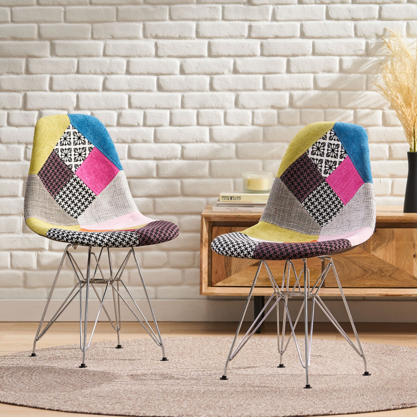Patchwork Accent Chair Bohemian Style Fabric Chair With Chromed Legs Geometric Pattern Chair, 18D X 21W X 32H, Set Of 2