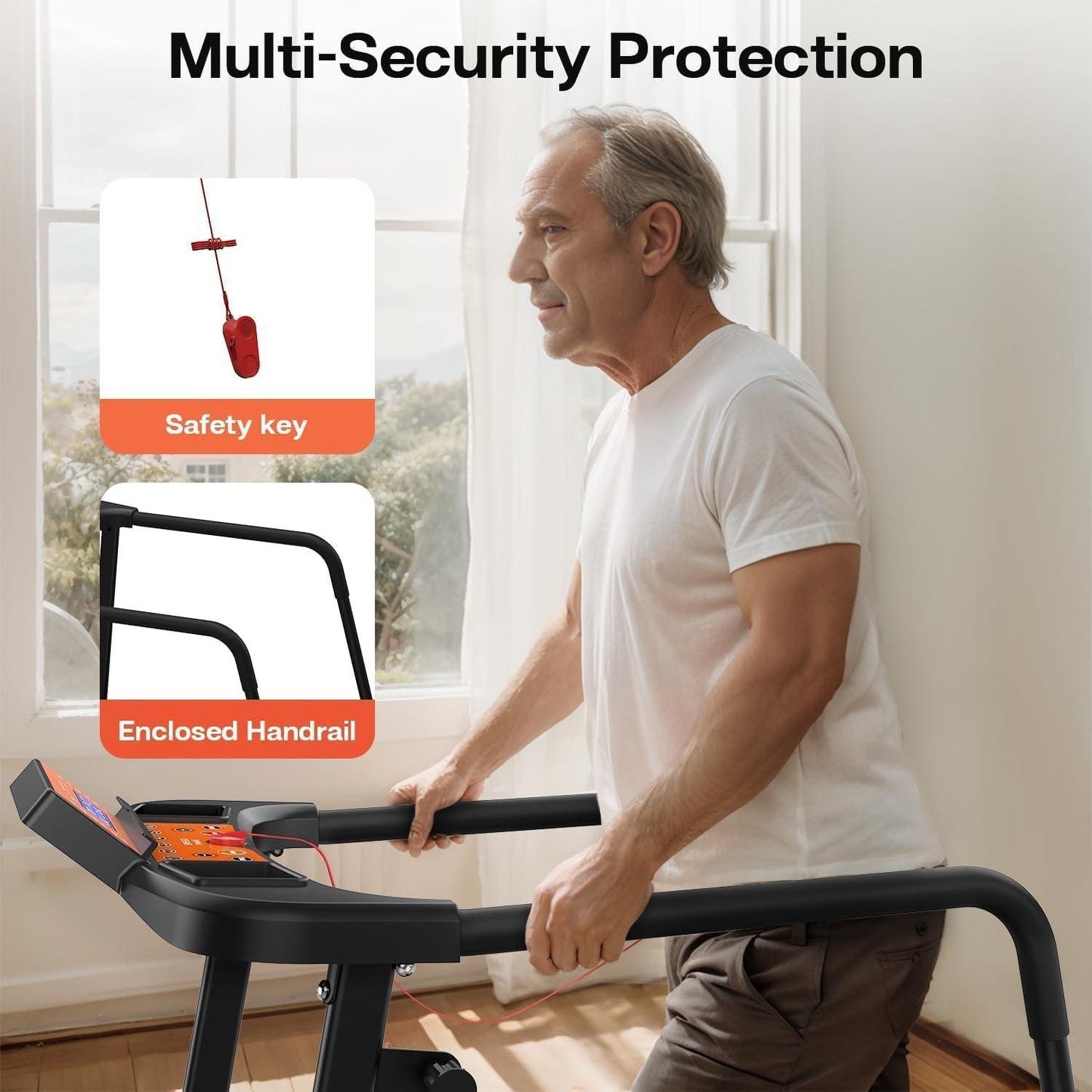 Elderly Rehabilitation Treadmill With Long Armrests LCD Display 300 Lbs Weight Capacity 3 Control Modes Cup Holder 0.5 To 7.5 MPH Speed Safety Key Easy-Move Wheels