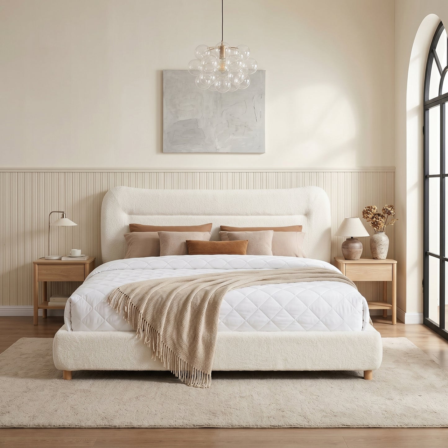 Minimalist Curved Headboard Teddy Bear Plush Bed, King, Cream