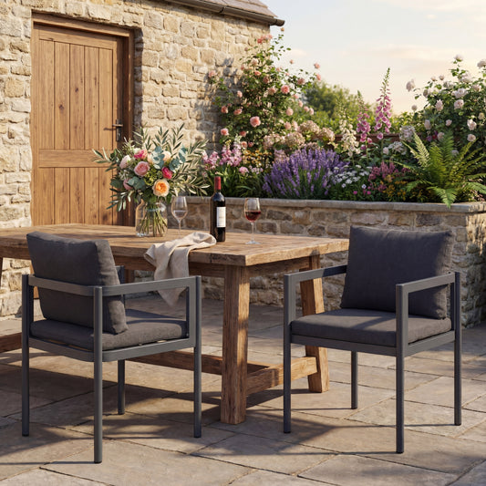 Outdoor Dining Chair Set Of 2, All-Weather Grey Aluminum Frame Patio Chairs With Grey Fabric Cushions, 300lbs