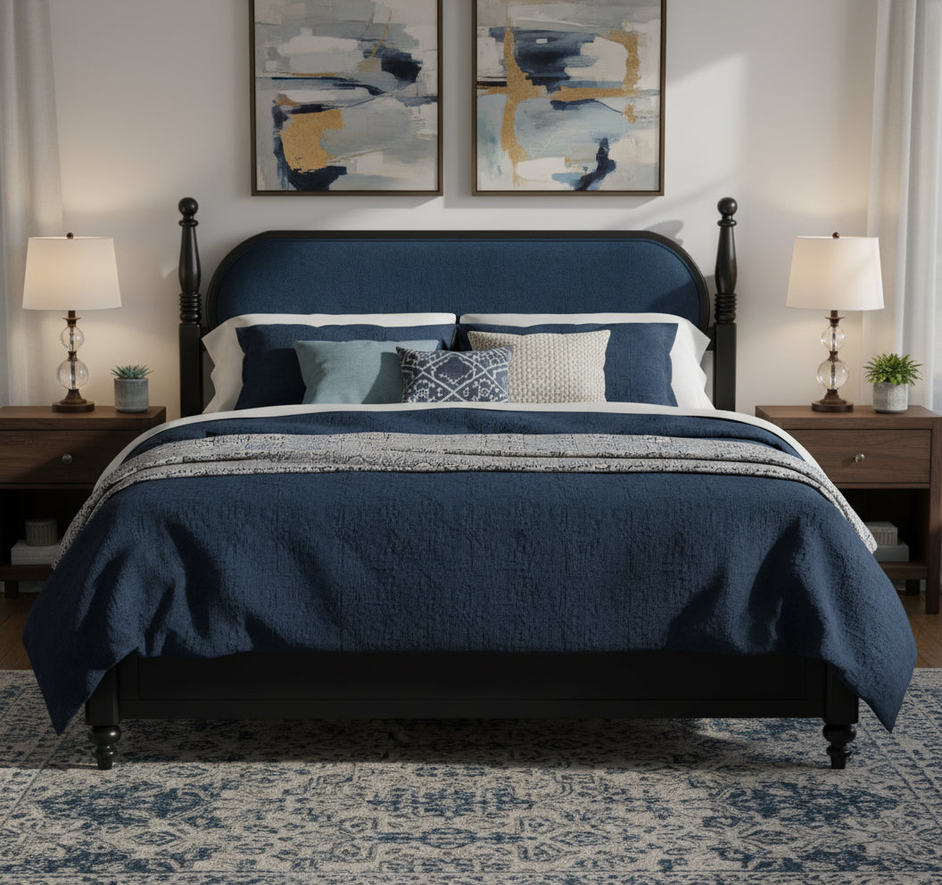 King Bed Frame, Solid Wood Platform With Slats, Modern Navy Blue & Black Bedroom Furniture, No Box Spring Needed