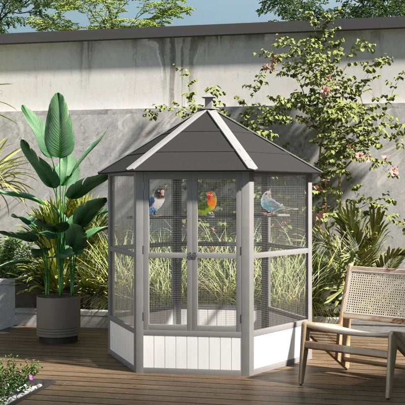 69 Wooden Hexagonal Outdoor Aviary Flight Bird Cage With Covered Roof, Light Gray