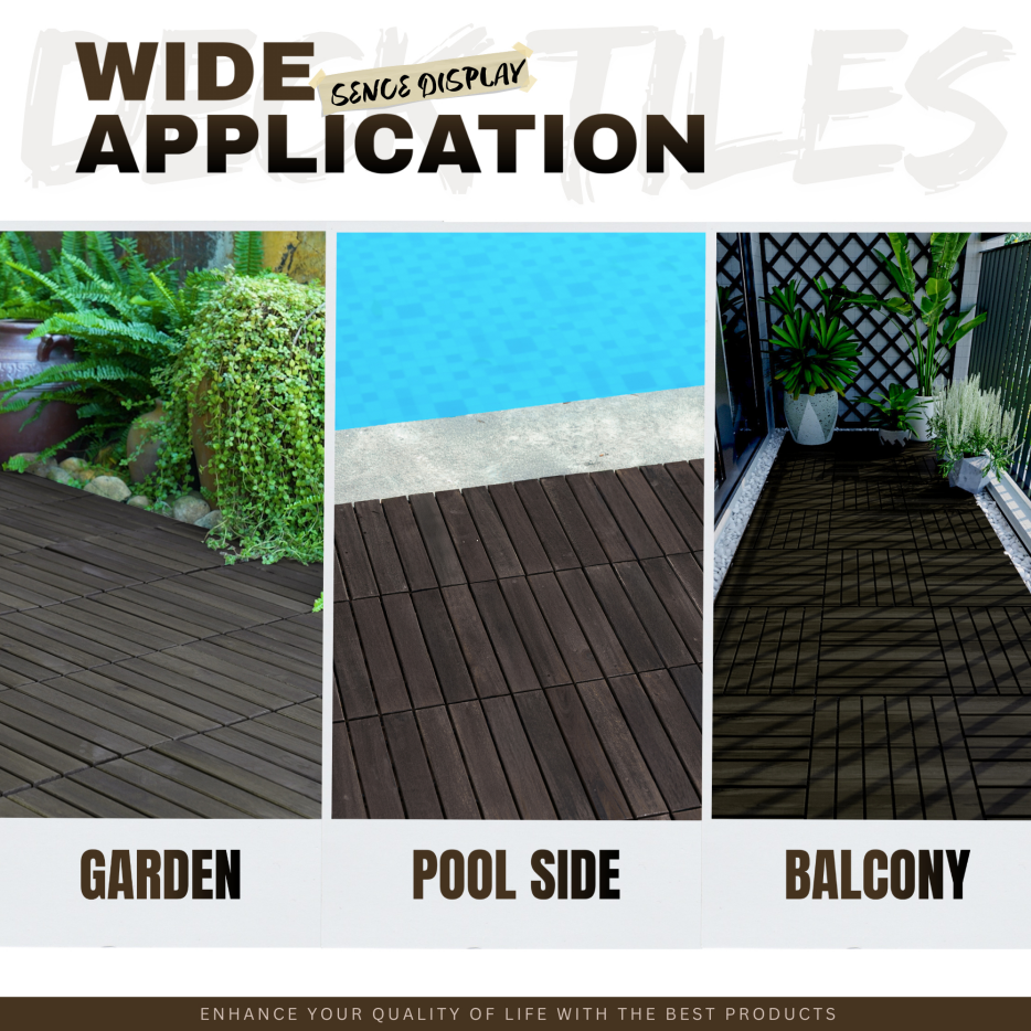 30 PCS Interlocking Deck Tiles Striped Pattern, 12inch X 12inch Dark Brown Square Acacia Hardwood Outdoor Flooring For Patio, Bancony, Pool Side