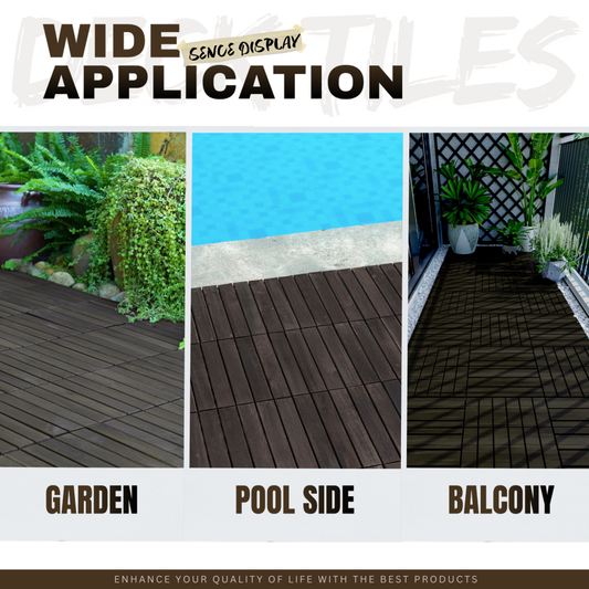 30 PCS Interlocking Deck Tiles Striped Pattern, 12inch X 12inch Dark Brown Square Acacia Hardwood Outdoor Flooring For Patio, Bancony, Pool Side