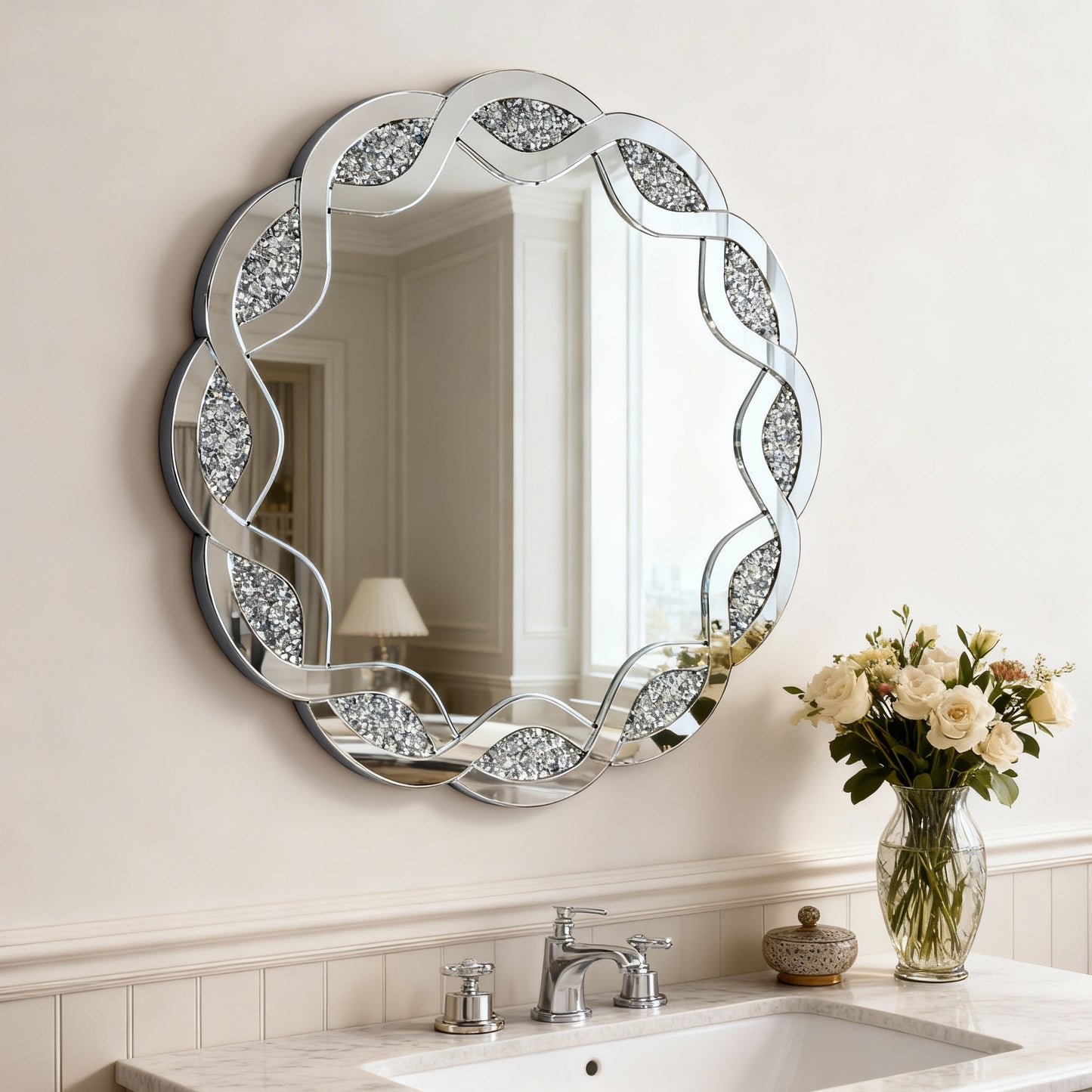 Silver Crush Diamond Round Wall Mirror, 31.5 Inch Wave Frame Decorative Mirror For Living Room, Bathroom, Bedroom, Hallway, Heavy Duty Frame With 2 Hangers