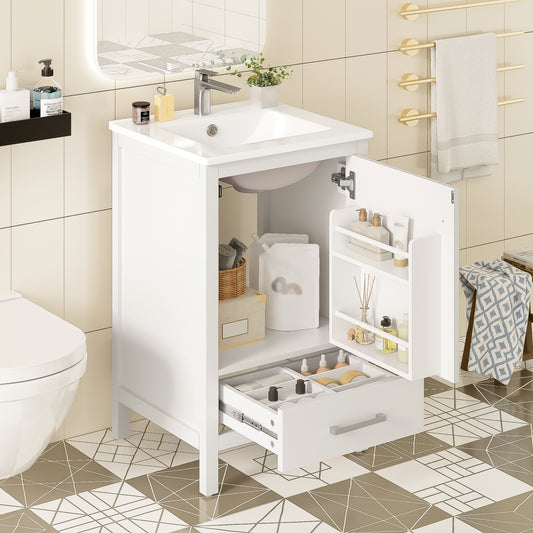 20-Inch Modern Bathroom Vanity With Ceramic Sink, Soft-Close Drawer & Door, Double-Layer Door Organizer, Divider Drawer, Adjustable Foot Pads -Space-Saving Storage Design
