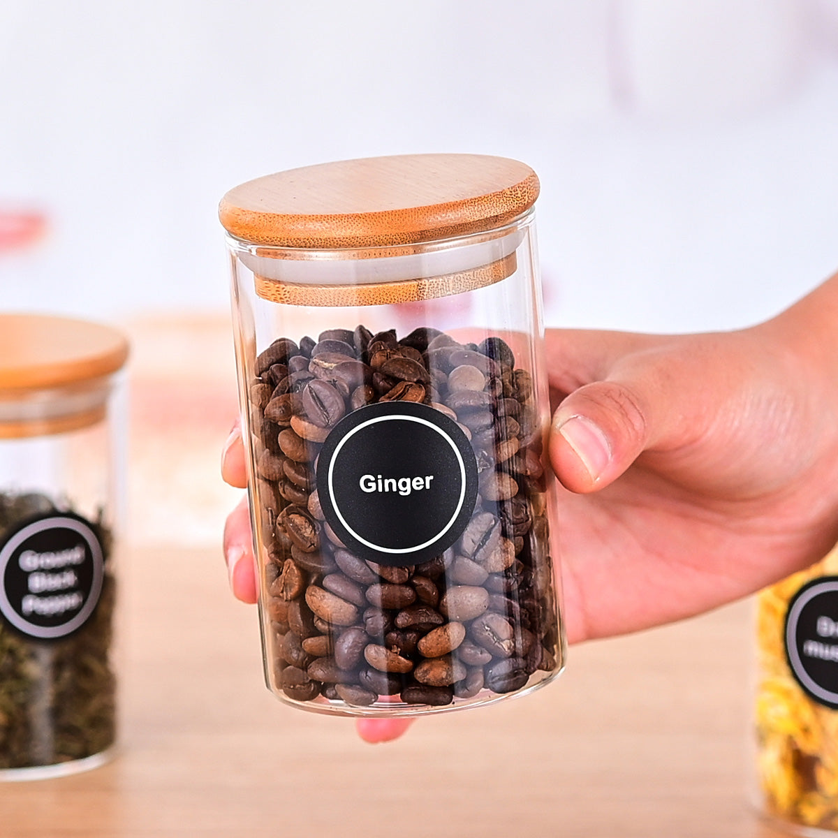 12 Pcs Round Spice Jars With Bamboo Lids And Stickers, Glass Storage Jars, Candy Jars, Coffee Jars, Salt Jars, Pepper Jars, Tea Jars