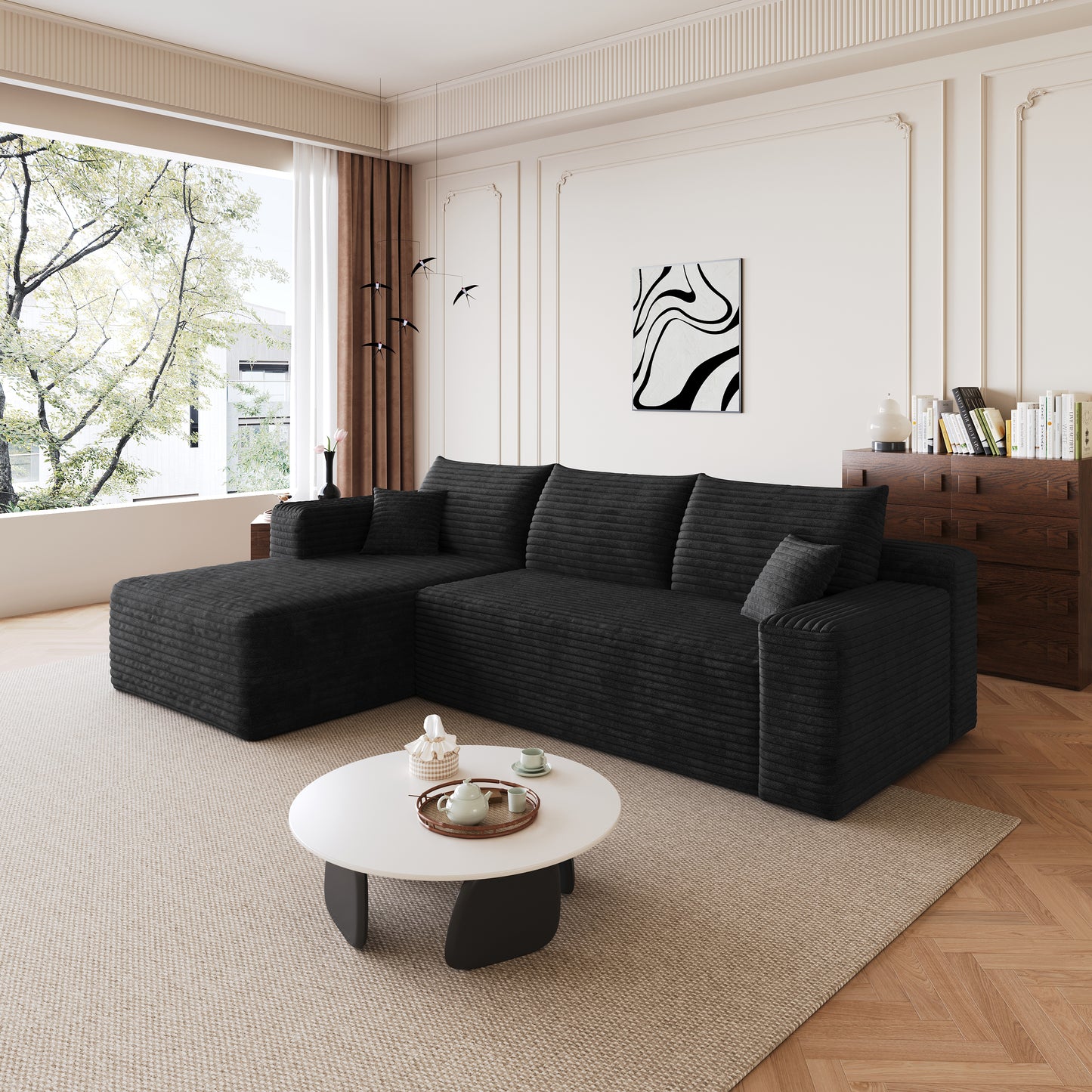 95  Cloud Sectional Sofa,Modern Minimalist Upholstered Couches, Comfort U Shaped Sofa For Living Room,Deep Seat Corner Couch,No Assembly Required,Black  Plush Corduroy Fabric