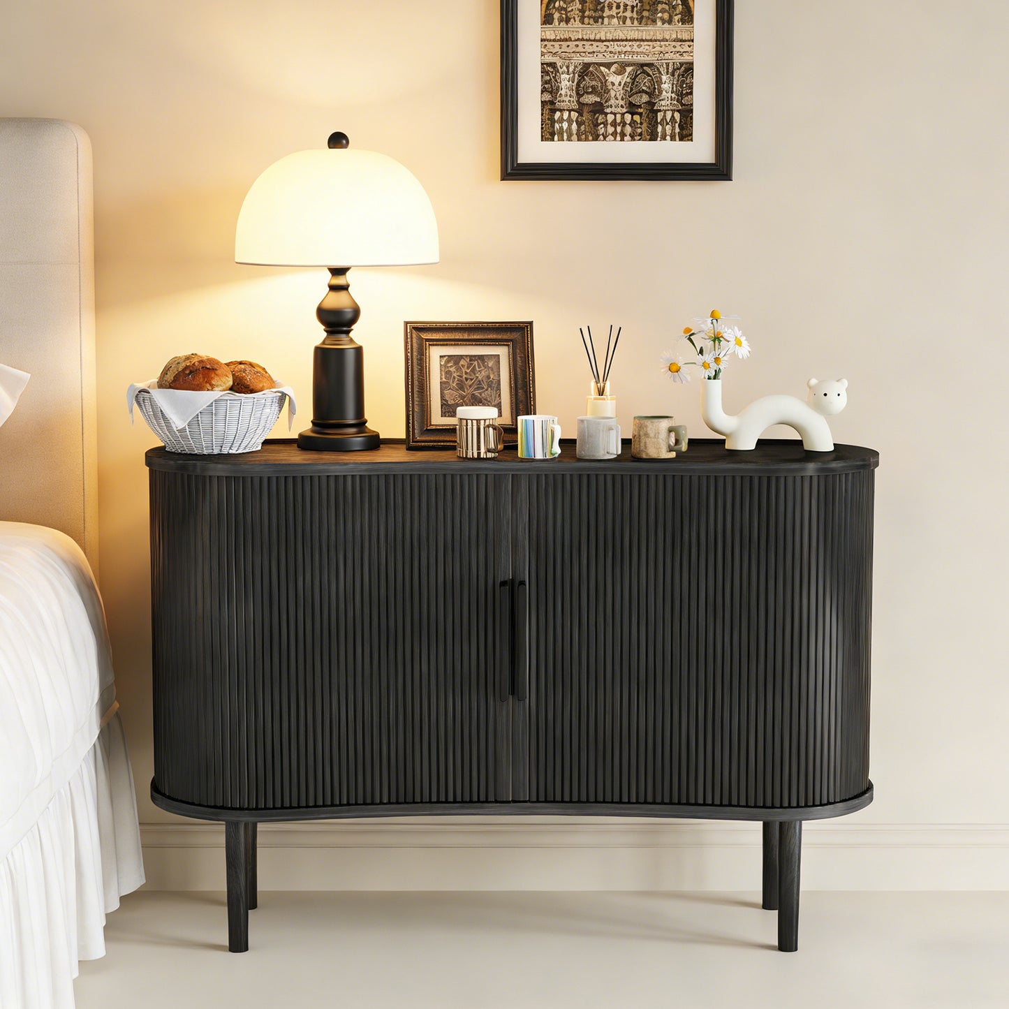 55in Storage Sideboard Modern Fluted Buffet Cabinet With Sliding Door And Solid Wood Legs For Kitchen Living Room Bedroom