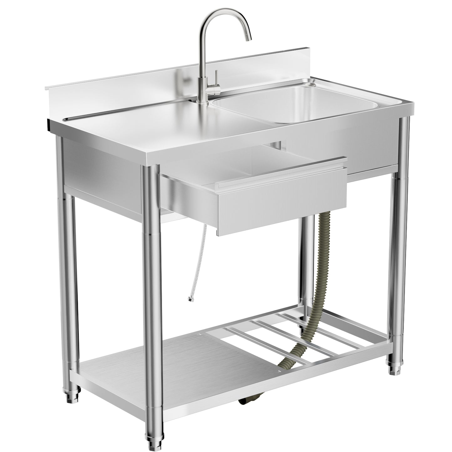 304 Stainless Steel Outdoor Utility Sink With Workbench & Storage Shelf, Freestanding Prep Table With Left Drawer, 39 Garden Patio Sink Station With 360 Hot & Cold Water Faucet