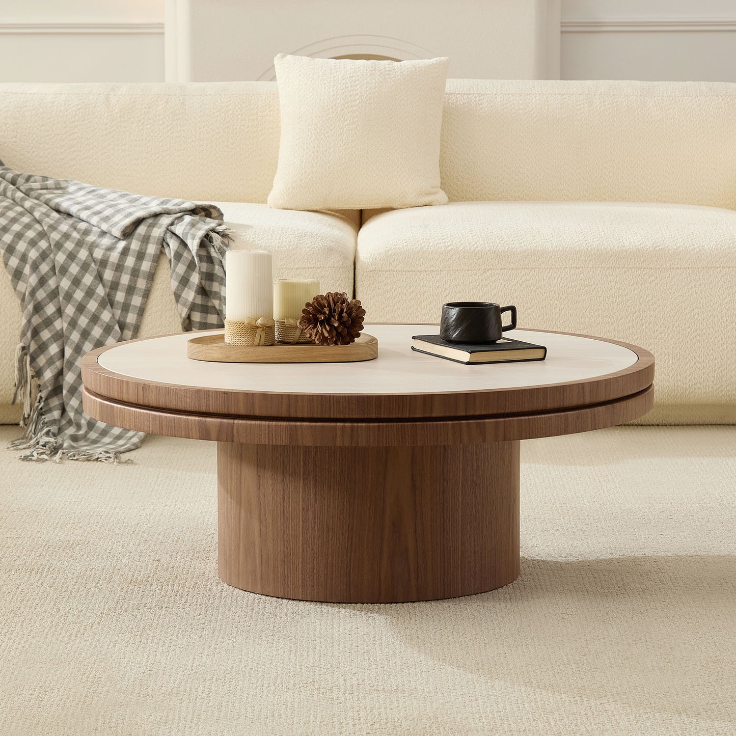 35.43 Inch Coffee Table Sintered Stone Tabletop With Sturdy MDF Pedestal For Living Room Apartment Bedroom, Reception Room WALNUT Easy Assembly