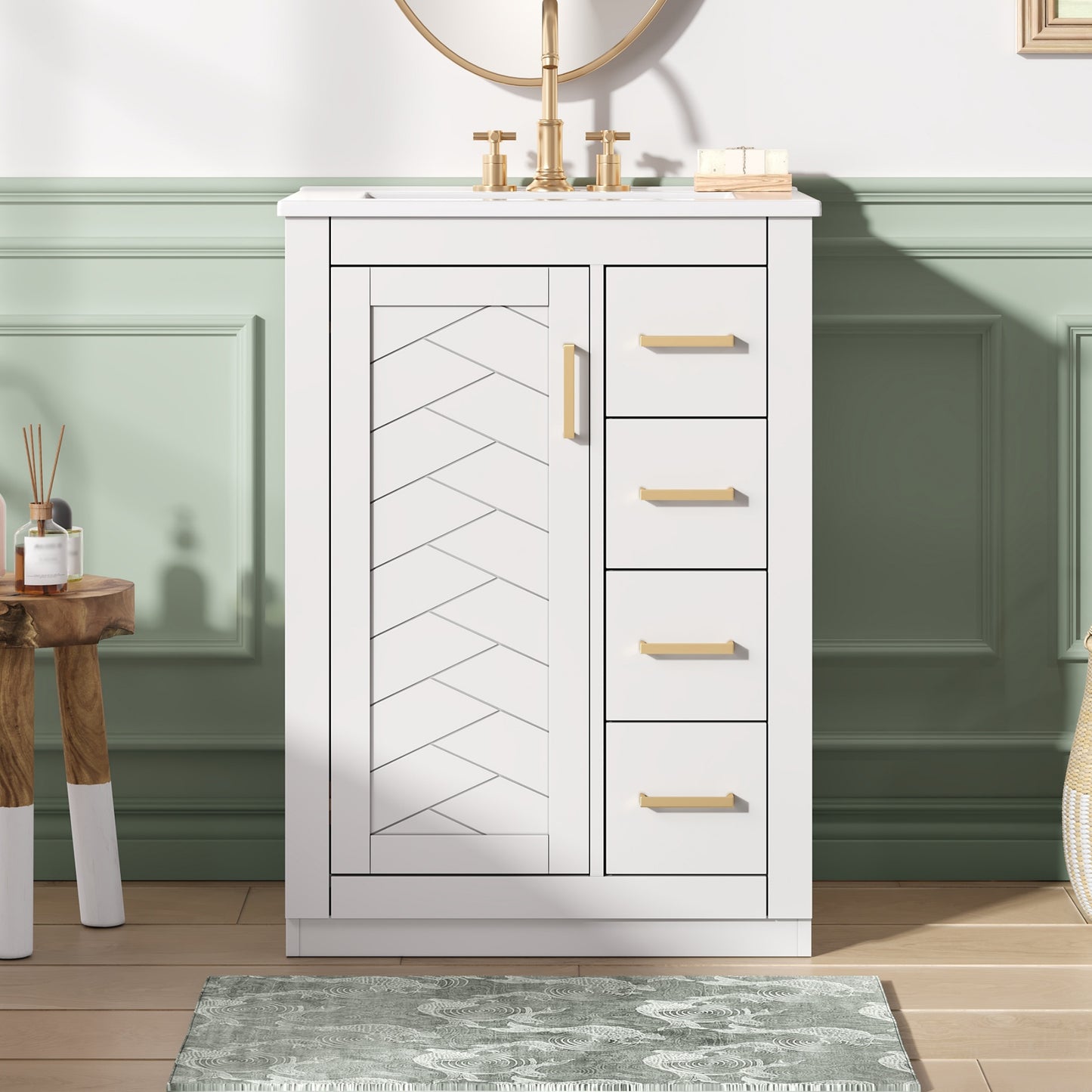 24   Bathroom Vanity With Integrated Ceramic Sink, Bathroom Cabinet With 1 Door, 3 Drawers, Single Sink Bathroom Vanity For Small And Medium Restroom, White