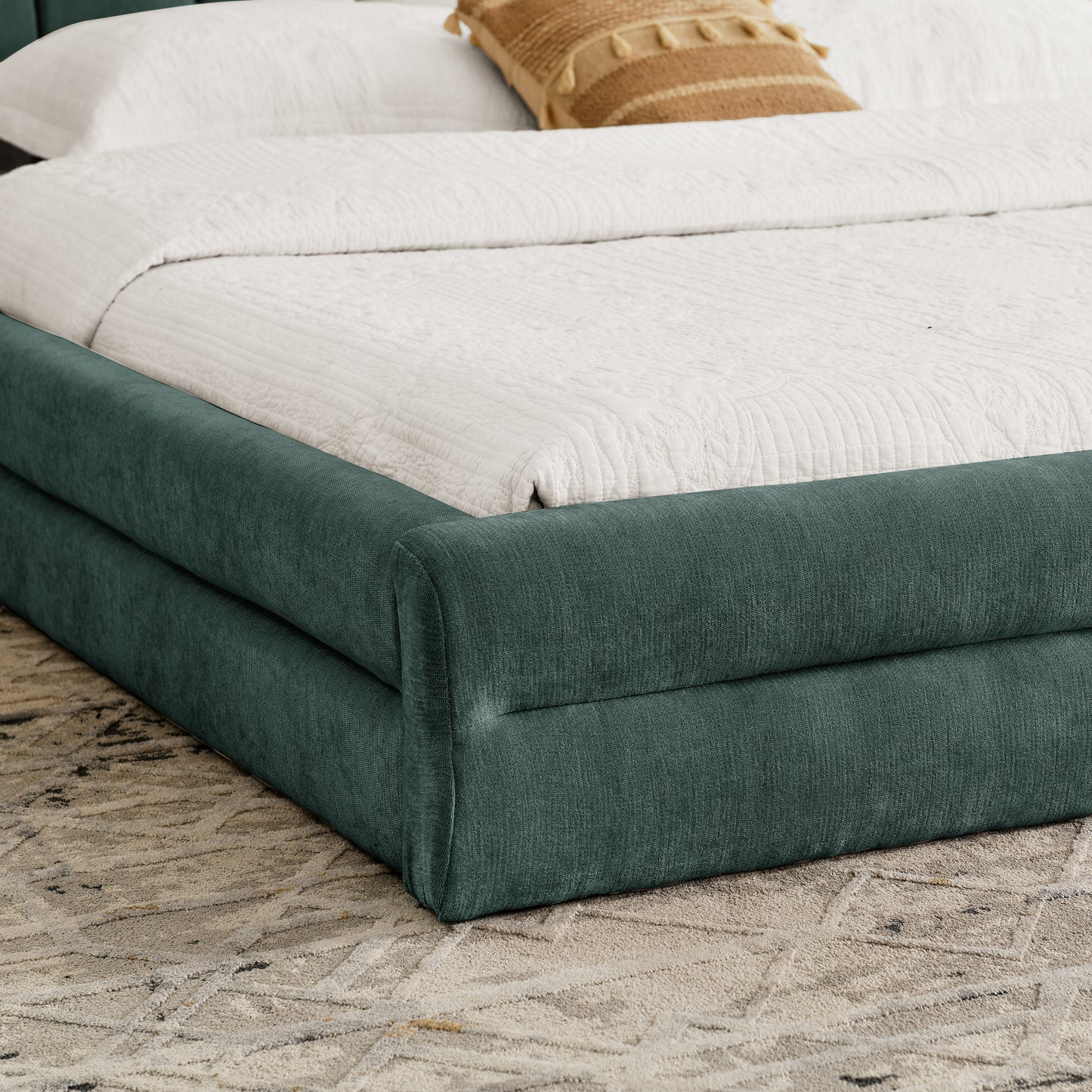 King Size Upholstered Bed Frame With Thick Fabric, Comfortable Upholstered Bed Frame, Chenille Fabric, With Headboard And Solid Bed Frame-Blue Green88x87x23
