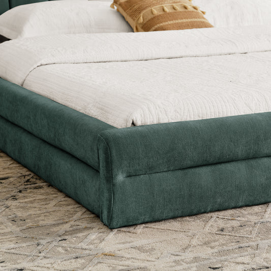 King Size Upholstered Bed Frame With Thick Fabric, Comfortable Upholstered Bed Frame, Chenille Fabric, With Headboard And Solid Bed Frame-Blue Green88x87x23