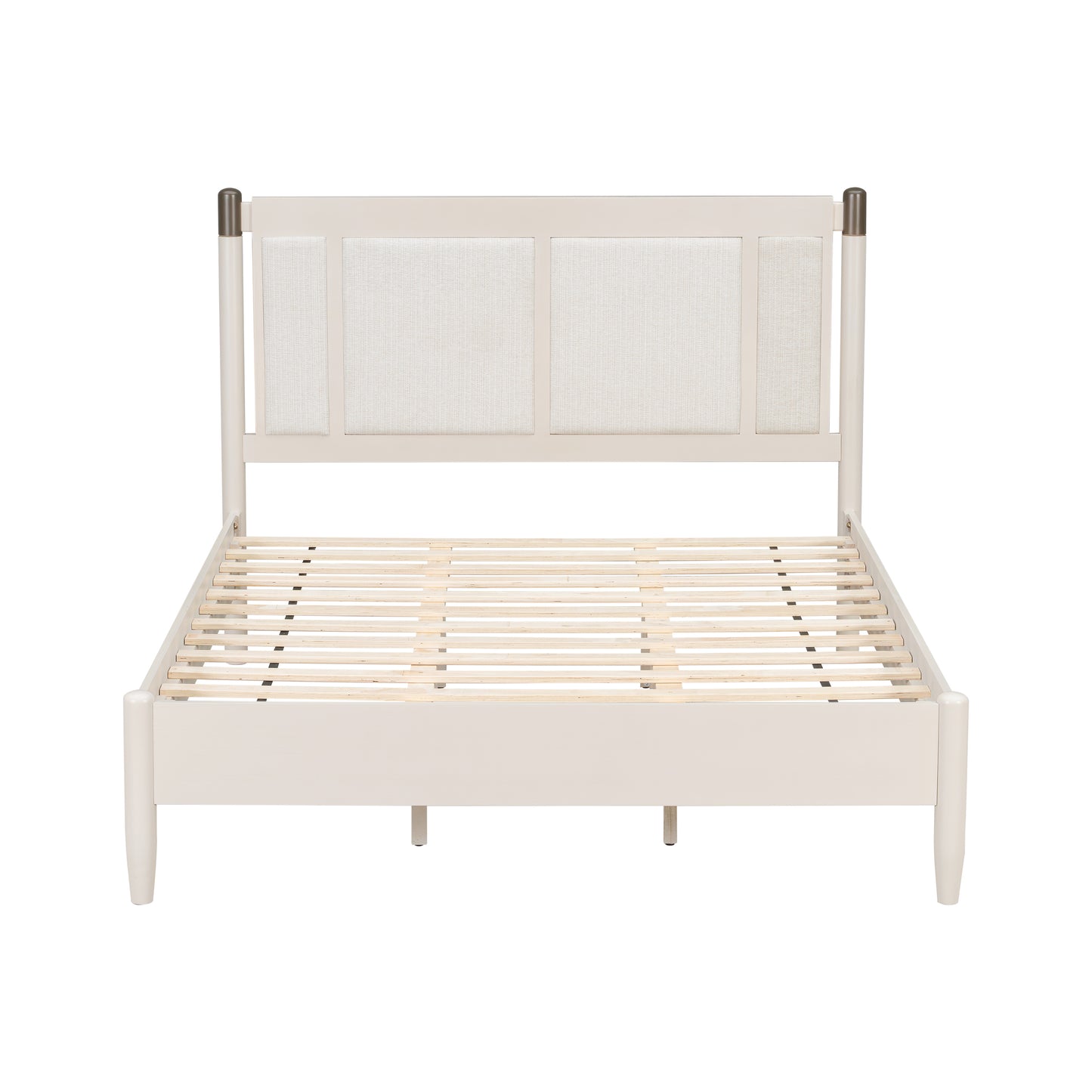Solid Wood Queen Bed, Heavy Duty 500 Lbs Support, No Box Spring Needed, Grey Upholstered Headboard With Metal Handles
