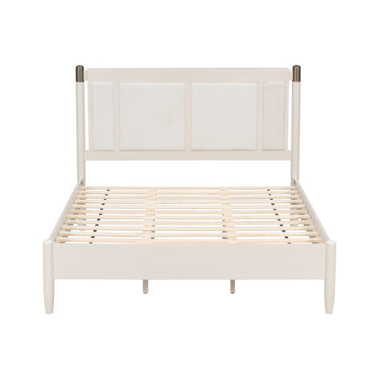 Solid Wood Queen Bed, Heavy Duty 500 Lbs Support, No Box Spring Needed, Grey Upholstered Headboard With Metal Handles