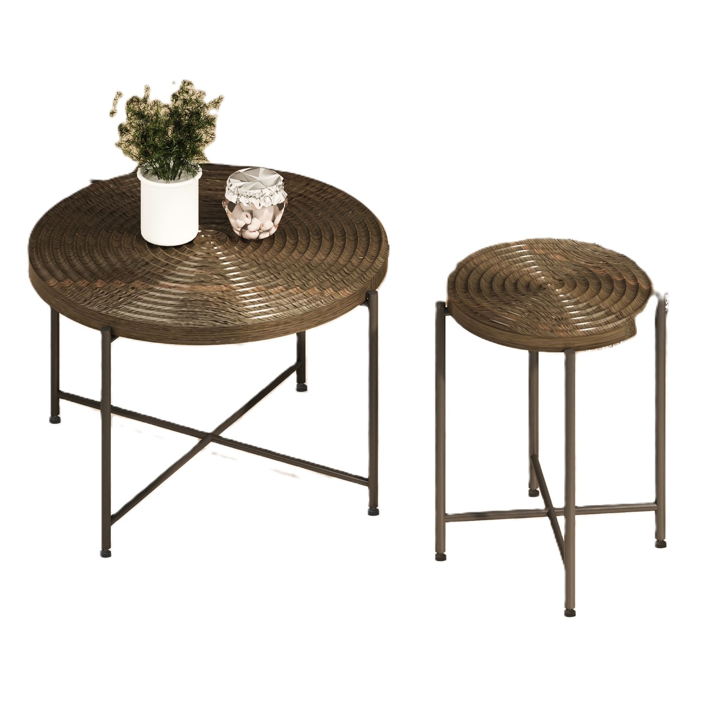 2-Piece Coffee And End Table Set -Waterproof MDF With PVC Cover, Distressed Cylindrical Design, Black Metal Legs -Classic Rustic Charm, Dark Walnut