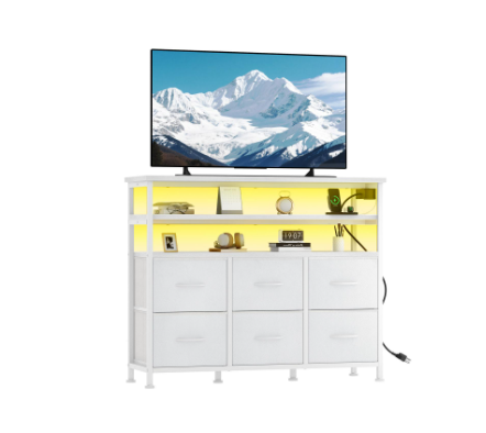 39-inch TV Stand For Up To 45 Inch TVs, Entertainment Center With RGB LED Lights & Charging Station, Media Console With 6 Fabric Drawers